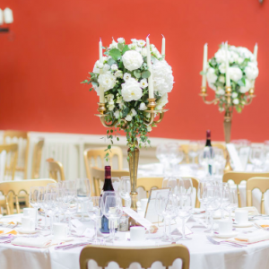 Hampton Court House Wedding Centrepieces Tall Candelabra Gold with white roses