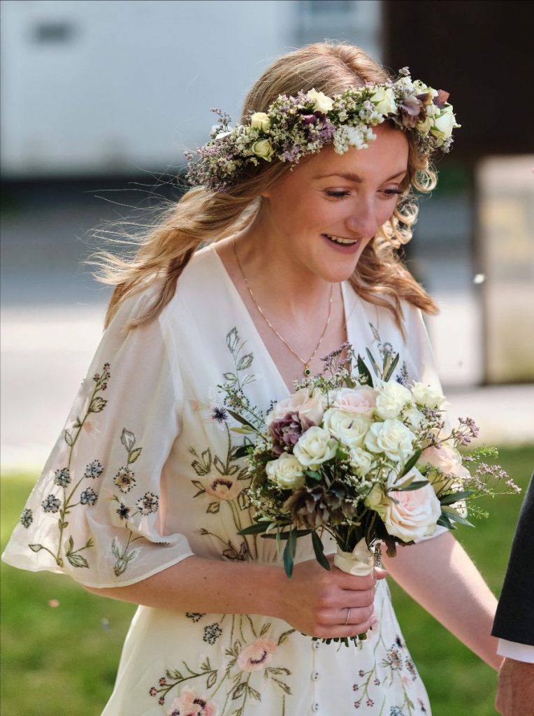 Micro wedding floral wedding dress bouquet flower crown to match